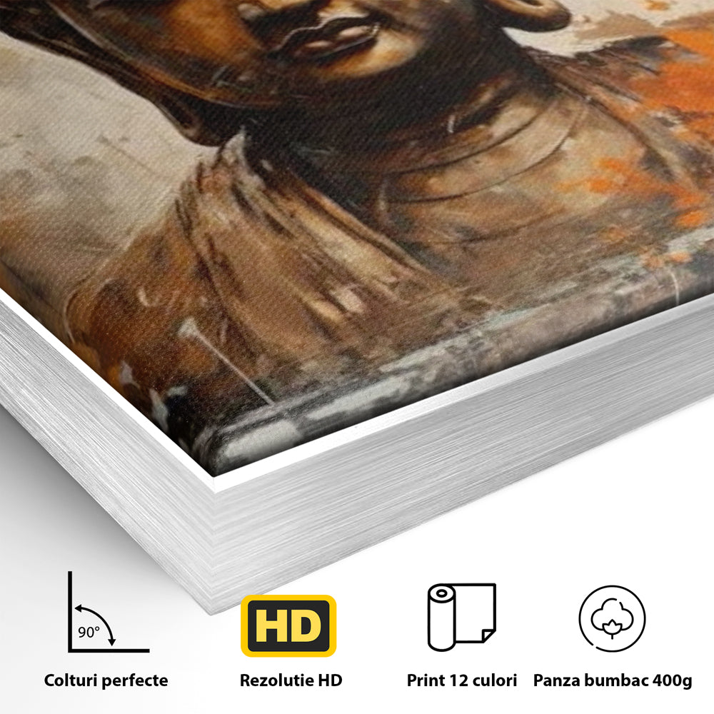 Detaliu al suprafetei: tablou canvas cu bustul lui buddha, in rama de aluminiu argintiu